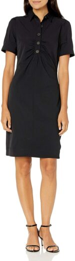 Lark & Ro Women's Florence Short Sleeve Collar Ruched Front Sheath Shirt Dress