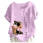 wendunide dresses for women 2023 Women s Printed Round Neck Raglan Sleeve Hem Slit Loose Short Sleeve Button Decoration Shirt Hot Pink