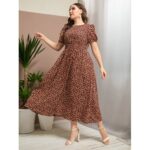 Boho Rust Brown Women s Plus Size Ditsy Floral Shirred Waist Puff Sleeve Dress Without Belt L220402D 3XL(18)