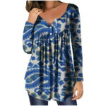 Stamzod New Spring Summer V-Neck Button Tunic T-Shirt Clearance Long Sleeve Women Floral Printed Tee Shirts Casual Loose Tops Femme Blue S