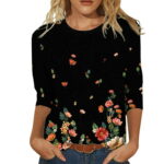 2022 T-Shirt Spring 3/4 Sleeve Shirts For Women Summer Trendy Casual Tops Round Neck Loose Pullover Comfy Soft Blouses