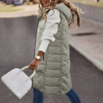 〖Yilirongyumm〗 Green XL Women s Parkas Womens Sleeveless Long Quilted Vest Hooded Button Down Puff Vest Cotton Padded Jacket Winter Outerwear