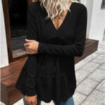 Cotonie Women Casual Fashion Pullover Long Sleeve V-Neck Blouses Soild T-shirt