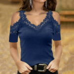 Yilirongyumm Blue M T Shirts For Women Shoulder Off Blouse Bottoming Commuting Sleeved Short Lace Pullover V-Neck Women s Blouse