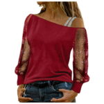 Corduroy Long Sleeve Shirt Top Teen Girl Blouses Large Women Lightweight Pullover Sexy Long Sleeve Top Rhinestine Net Yarn Sequin Design Off Shoulder Top Fall Winter Casual Wear Strap Shirt Blouse For
