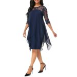 Women s European and American Summer Casual Fashion Large Round Neck Lace Spliced Medium Long Sleeve Chiffon Dress