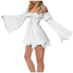Fesfesfes Clearance Ladies One-Shoulder Trumpet Sleeves Ruffled Sweet Retro Vintage Style Chiffon Dress