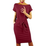 Oxodoi Women Dresses Ladies Striped Elegant Short Sleeve Wear to Work Casual Pencil Dress with Belt Party Elegant Dress