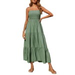 Women Summer Dresses Bohemian Spaghetti Strap Ruffle Tiered Long Beach Sundress Smocked Casual Sleeveless Maxi Dress