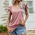 HIMIWAY Solid Color Loose Double Layer Short Sleeve Top With Ruffled Edge Summer Shirts For Women