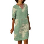 wendunide Casual Dress For Women Women Casual Fashion Map Print Half Sleeve Retro V-neck Pullover Dress Green