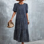 TOTO Midi Dresses For Women Summer Casual Dress Puff Sleeves Dot Crew Neck Splice Floral Print Mid Length Piece Cake Dress