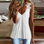 〖Yilirongyumm〗 White XL Tank Top For Women Summer Solid Color Top Shirt V Neck Lace Sleeveless Shirt Fashion Causal Tank Top Elegant Shirt
