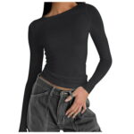 Daznico Blouses for Women Women s Solid Color Rround Neck T Shirt Girl Slim Long Sleeve Shirt Top Blouse Womens Tops Black M