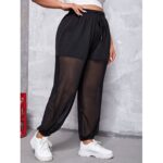 Black Sporty Women s Plus Contrast Mesh Drawstring Waist Pants 2022 4XL(20) Y060D