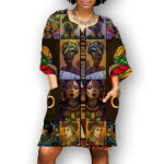 Women Fashion African Vintage Print Middle Sleeve V Neck Casual Mini Dress