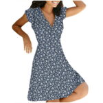 Print Zipper Pullover Dresses Flower V-neck Summer Short-sleeved Women Women s Dress Women s Summer Dresses with Pockets