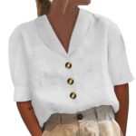 Daznico Blouses for Women Womens Shirt Stand Collar V Neck Button Casual Long Sleeve Solid Color Top Womens Tops White XXXL