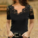 Short Sleeve Shirts for Women Off Shoulder Sleeved Commuting Pullover V-Neck Lace Bottoming Blouse Black Western Teacher Hawaiian