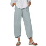 Odeerbi Cotton Linen Beach Pants for Women Casual High Waist Pants Solid Comfortable Elastic Pants Light Blue