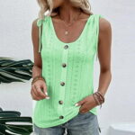 Tking Fashion Womens Summer Sleeveless U Neck Solid Tops Casual Loose Hollow Out Botton Tank Tops Green 2XL