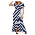 LIBRCLO Women s V Neck Stripe Warp Swing Dresses Cocktail Formal Dresses Short Sleeve Shirt Split Long Maxi Dresses Blue XXL