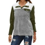 ZXZY Women Colorblock Lapel Button Neck Fuzzy Long Sleeve Sweatshirt