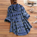 Cotonie Women Casual Cat Print Long Sleeve O-Neck Button Loose Shirt Top Blouse