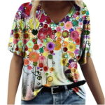 Tops for Women Printed V Neck Short Sleeve Dressy Tunics Hem Loose Fashion Shirt Spring And Summer Versatile Blouse Tees