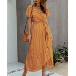 Yilirongyumm Yellow L Casual Dresses For Women Short Women s Split Dot V Wrap Dress Polka Chiffon Neck Sleeve Maxi Bohemian Women s Dress