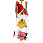 wendunide womens dresses fall dresses for women Women Summer Casual Sleeveless Print V Neck Maxi Loose Dress Boho Beach Long Sundress With Pockets White 3XL