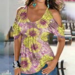 Womens Tops Classic Flower Print Crewneck Short Sleeve Off Shoulder Tunic T-shirt Blouse