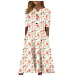 Fnochy Women s Dress Clearance One Piece Ladies Skirt V-Neck Short Sleeve Dress Print Casual Dress With Pockets