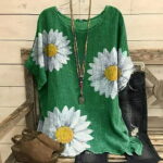 〖Yilirongyumm〗 Green XL T Shirts For Women Tops Wrinkled Chrysanthemum Neck Fashion Round Womens Print Small Short-Sleeved Women s Blouse