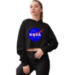 Womens Blue NASA Logo Cropped Hooded Sweatshirt