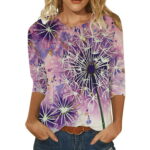 T Shirts for Women Summer 3 Of 4 Sleeve Crew Neck Floral Petal Printed Shirts Loose Comfy Shirts Tee Blouse Casual Tops