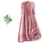 Fnochy Dresses for Women 2023 Plus Maxi Dress Retro Cotton And Linen Round Neck Double-layer Lace-up Waist Retraction Travel Holiday Dress