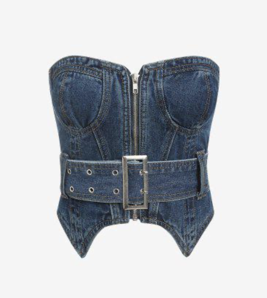 Blue denim tube top with a belted waist