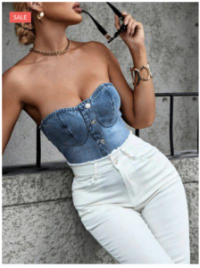 Blue denim summer tube top with buttons and white denim jeans