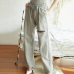 Women s Ripped Lounge Pants Elastic Waist Drawstring Wide Leg Pants Solid Casual Loose Fit Trousers with Pockets