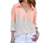 iOPQO long sleeve shirts for women Women Long Sleeve Button Summer Tops V Neck Tie Dye Gradient Printed Loose Fit Work Athletic Shirts Print Casual Blouse Orange L