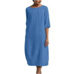 QIIBURR Loose Dress for Womens Fashion Round Neck Loose Short Sleeve Solid Mid-Calf Dress Long Dress