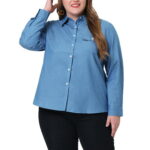 Unique Bargains Women s Plus Size Long Sleeve Chest Pocket Denim Button Work Shirt