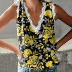 〖Yilirongyumm〗 Yellow S Tank Top For Women Printed V Neck Top Shirt Lace Tank Top Casual Summer Shirt Loose Shirt Chiffon Sleeveless Shirts