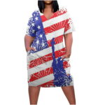Summer Savings Clearance!RBCKVXZ Summer Plus Size Independence Day Dress for Women 2023 Fashion V Neck Short Sleeve Stars and Stripes Printed Midi Dress 4th of July Dress on Clearance