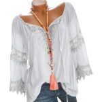 HIMIWAY Women s Fashion Casual Solid Color V-neck Cotton Linen Lace Long Sleeve Shirt Top on Sale XXXXXL White