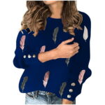 Womens Casual Feather Pullover O Neck Long Sleeved Knit Sweater Summer Cute Graphic Tees Sexy Workout T-Shirts Tops Ladies Going Out Party Tshirts A527-8677