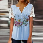 QAZXD Womens Tops Short Sleeve Printed Blouse Casual Women Summer V-Neck T-Shirts Tunic Shirts Blue 2XL