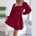 Gotyou Dresses Women s Fashion Casual Solid Colour Square Neck Waistline Dress with Large Hem Red S