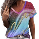 Tops for Women Casual Summer V Neck Short Sleeve T-Shirt Blouses Trendy Printing Dressy Loose Workout Tunic Tees Tops